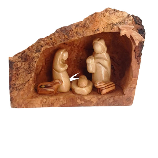Olive Wood Nativity Scene Ornament – Hand-Carved Holy Family in Natural Log Setting
