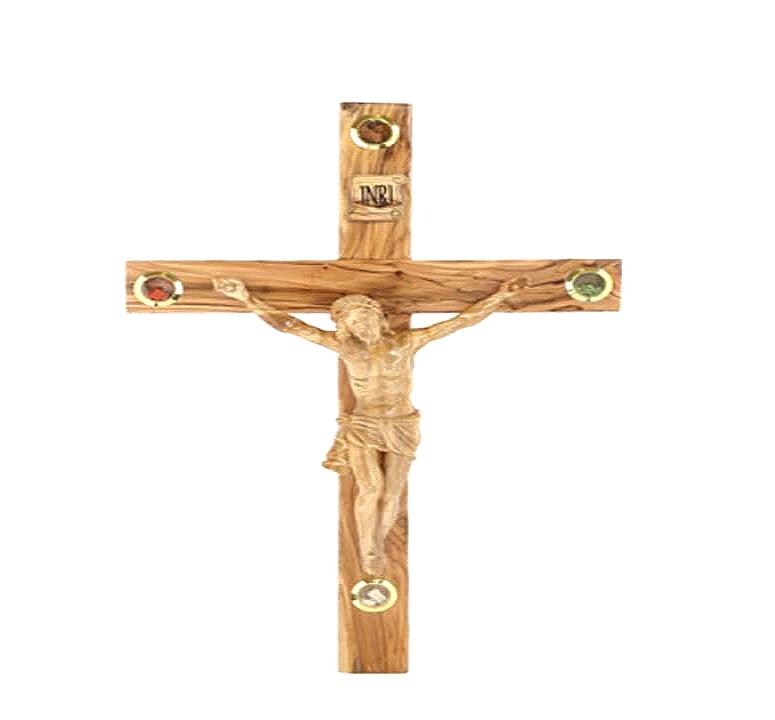 ✝️ Olive Wood Latin Cross – Silver Oxide Crucifix with Four Holy Relic Lenses