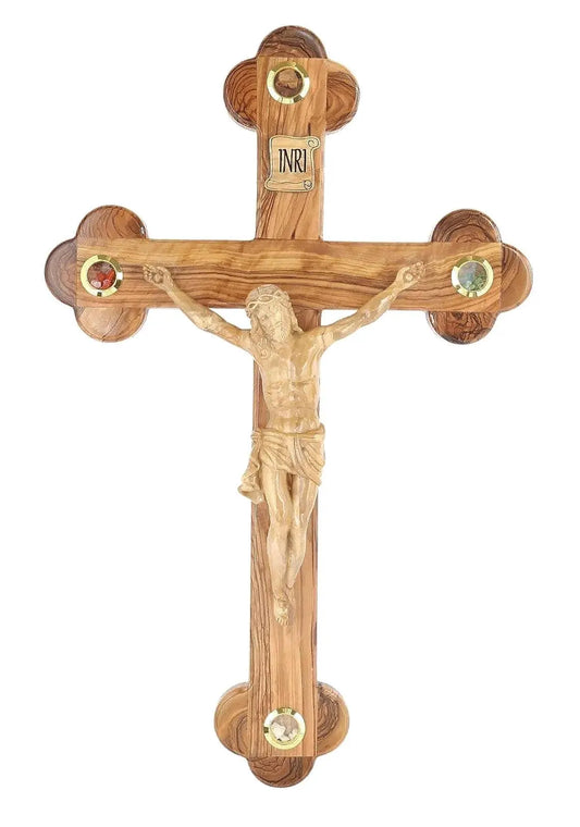 ✝️ Olive Wood Crucifix – All-Wood Design with Four Holy Relic Lenses