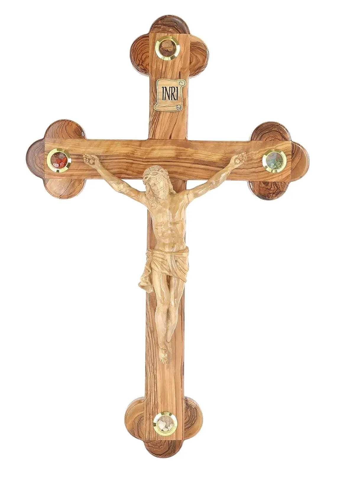 ✝️ Olive Wood Crucifix – All-Wood Design with Four Holy Relic Lenses