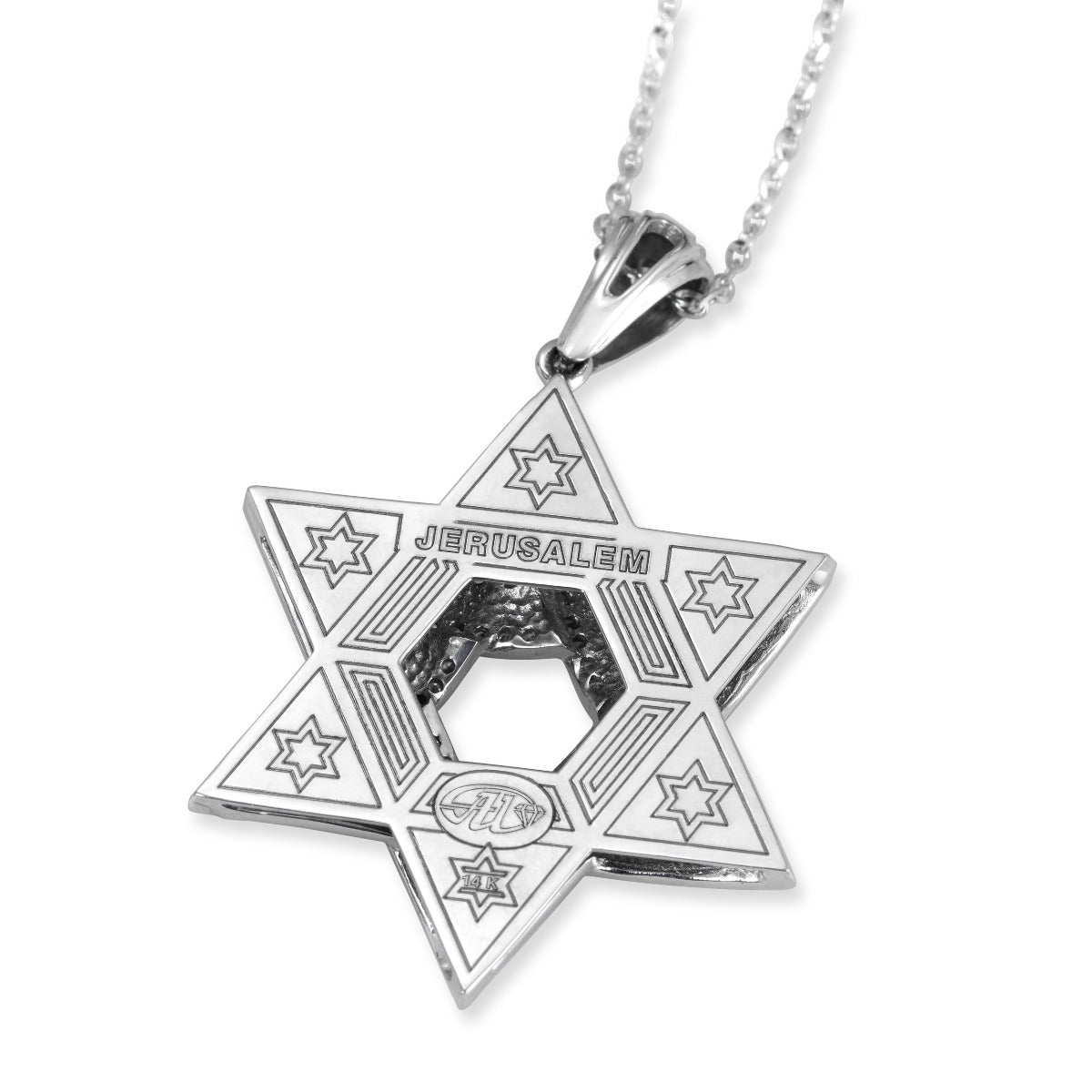 114-Diamond 14K White Gold and Blue Enamel Star of David Pendant Necklace