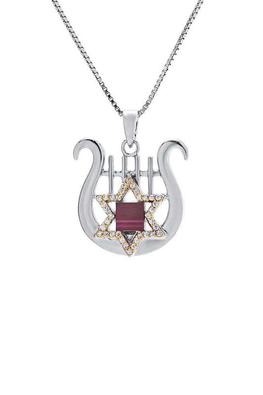 Jerusalem Nano Bible Torah Silver and 9K Gold Pendant - David's Harp and Star of David Studded with Zircons I Gift from Holy Land I Religious