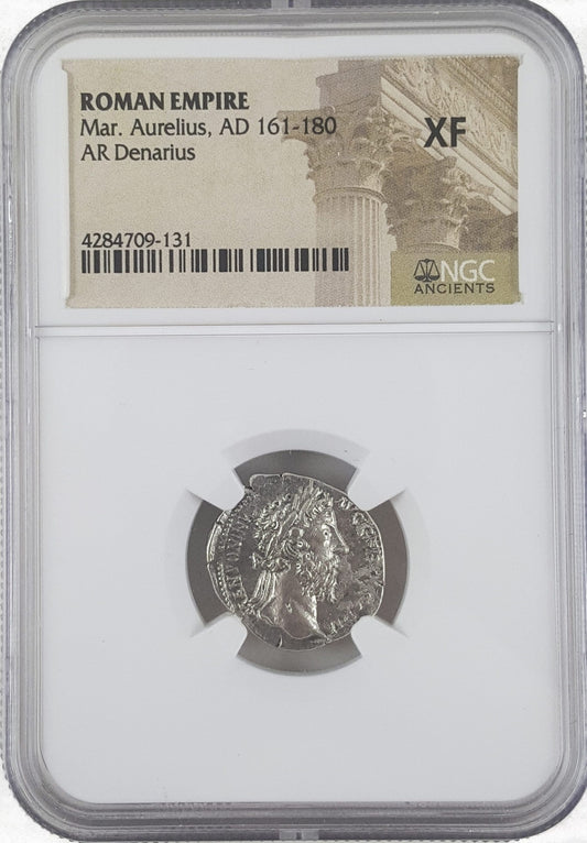 Roman Silver Denarius of Marcus Aurelius (AD 161-180) NGC(XF)