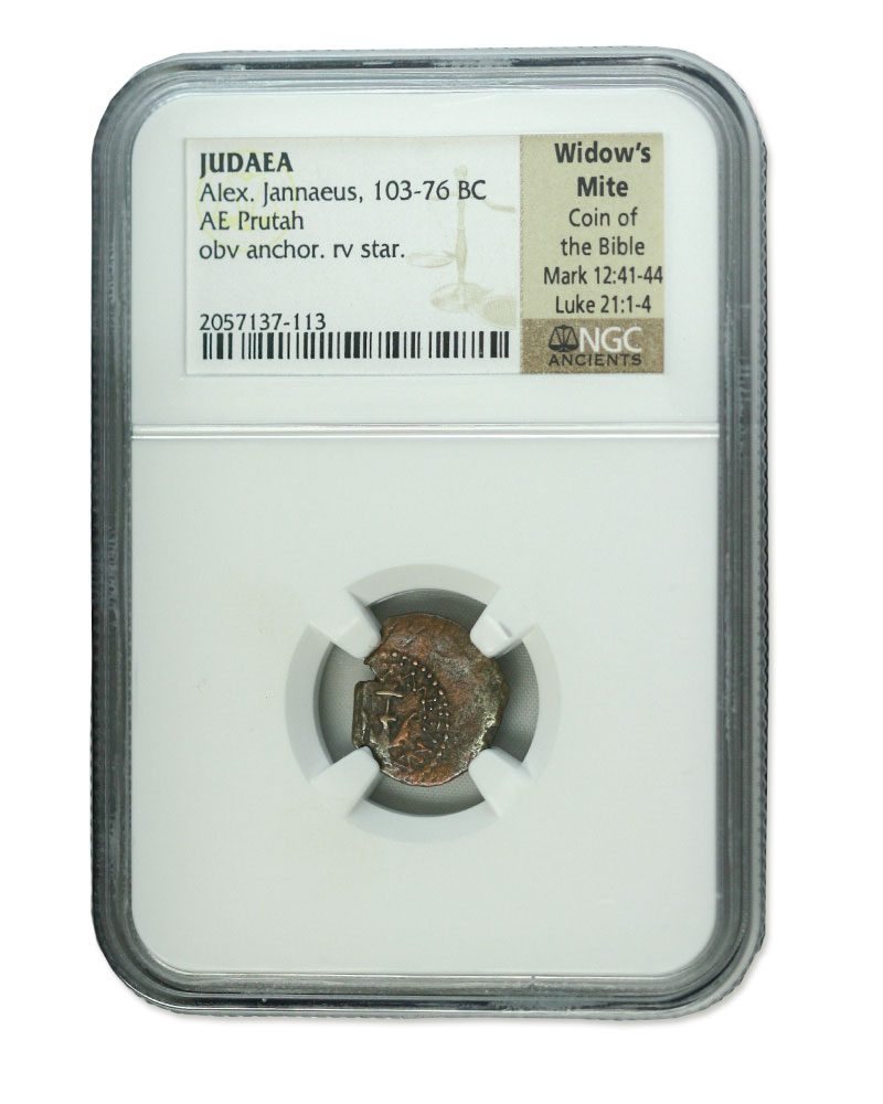 Widow’s Mite: Judean Prutah– larger “King’s Mite” (103-76 BC) NGC Slab(PREMIUM GRADE))