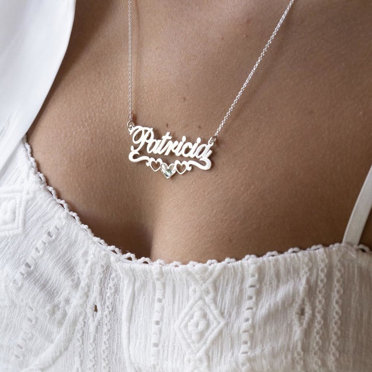 Birthstone Name Necklace with Underline Hearts