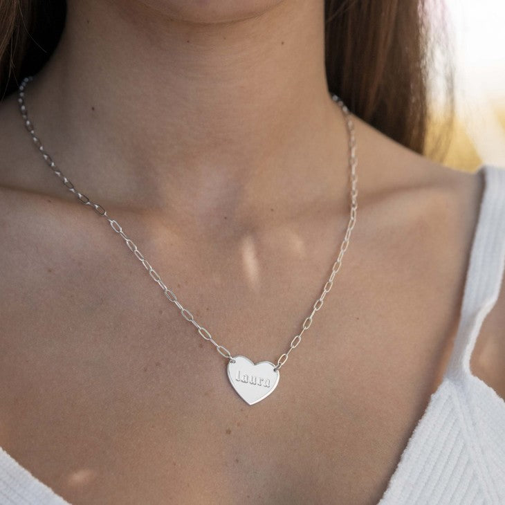 Paperclip Chain Necklace with Engraved Heart