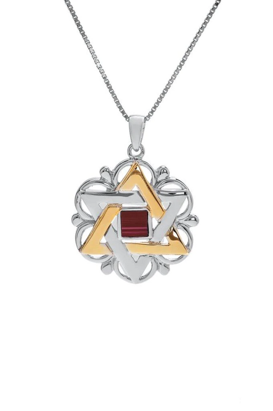 Jerusalem Nano Bible Torah Silver and 9K Gold Pendant - Star of David with Floral Shape I Gift from Holy Land