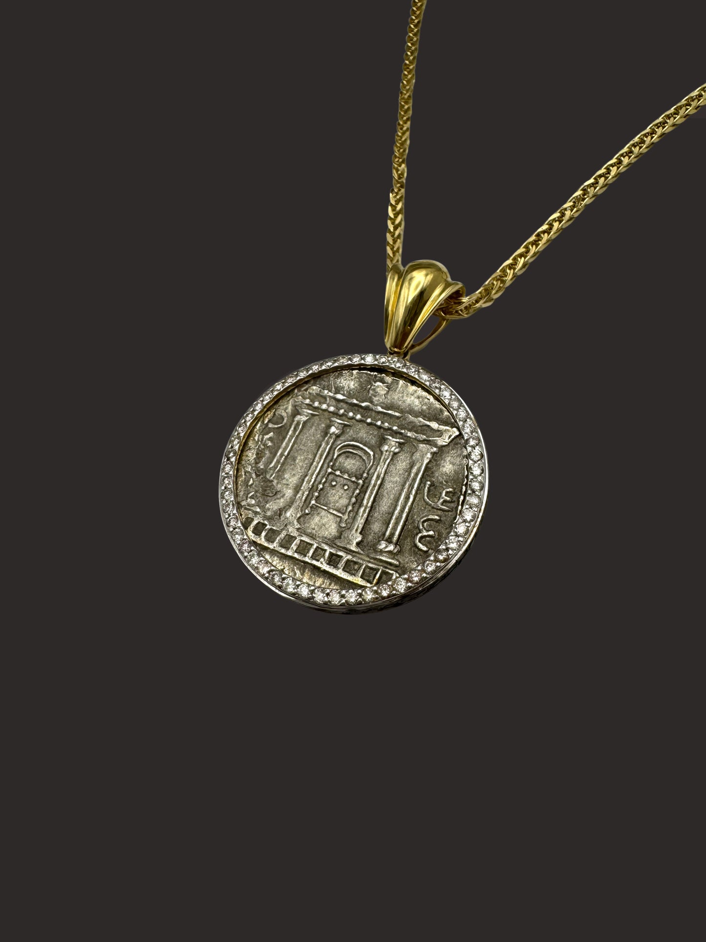 Solid 14K Gold Judaea Silver Sela Coin Pendant with White & Black Diamonds