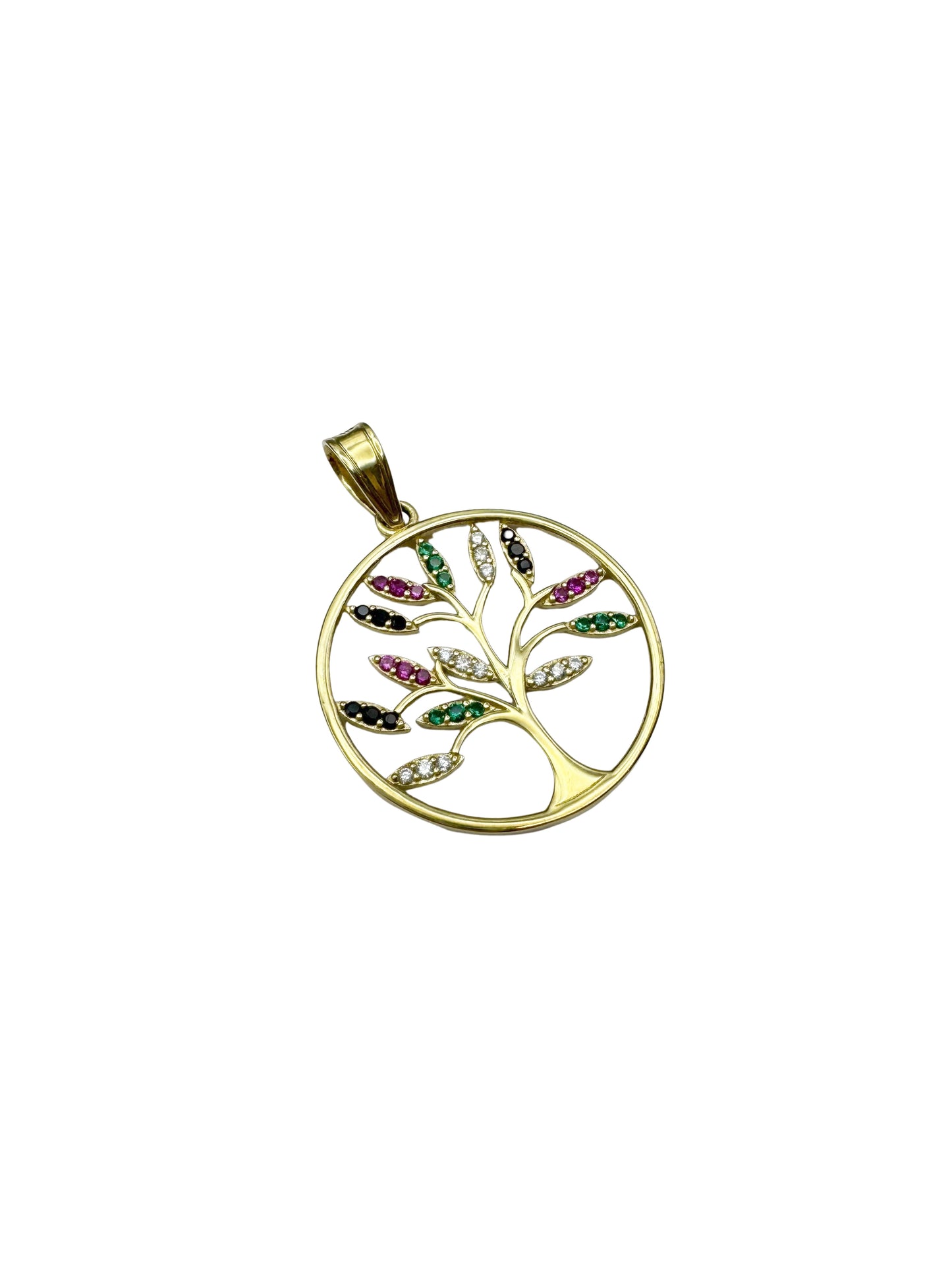 14K Gold Tree of Life Pendant with Multicolored Crystals