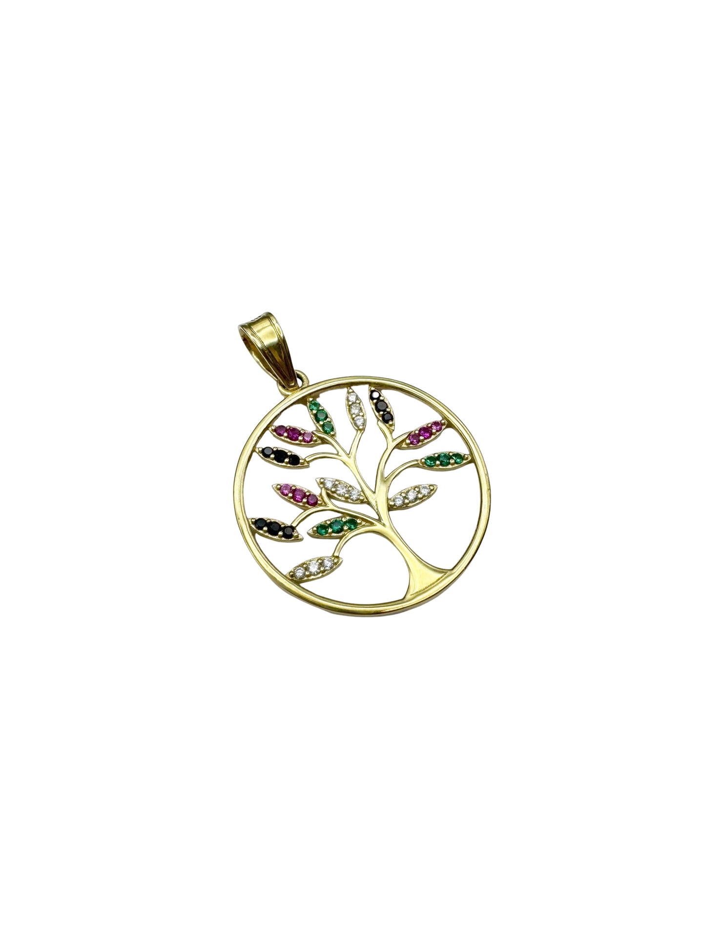14K Gold Tree of Life Pendant with Multicolored Crystals