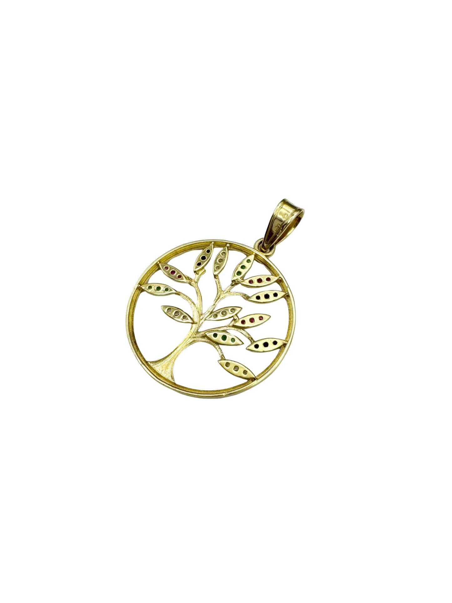 14K Gold Tree of Life Pendant with Multicolored Crystals